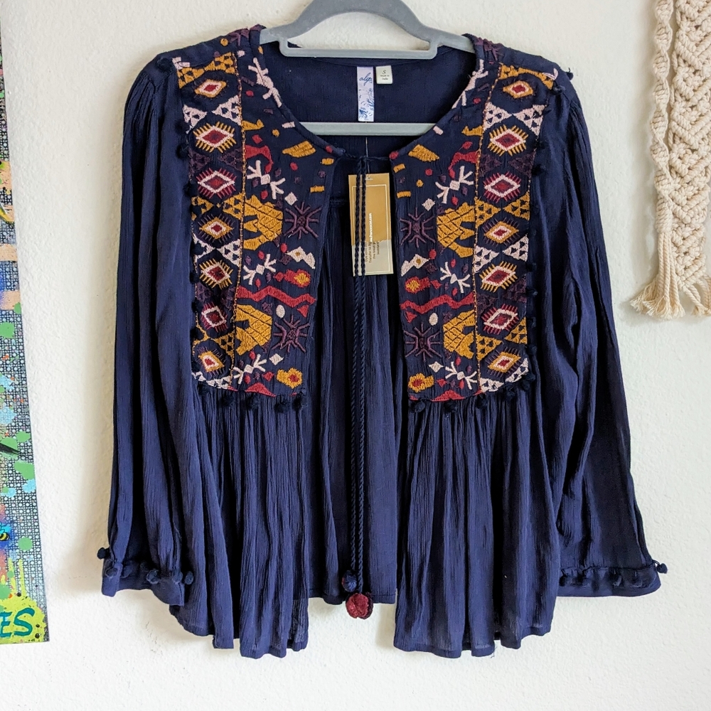 Alya NWT Embroidered Blue Boho Hippie Cardigan Sz S